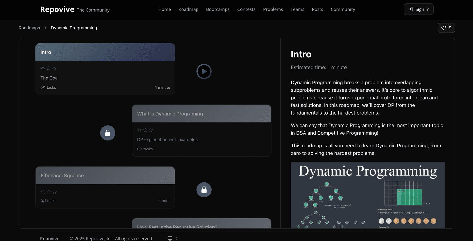 Repovive Dynamic Programming roadmap interface showing learning modules and progress tracking